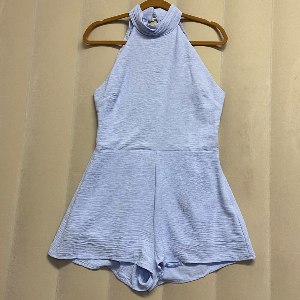 Beginning Boutique Women’s Juniors Romper Size 12 Open Back Collar Neck Sky Blue